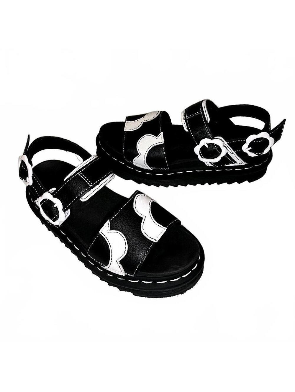 Dr. Martens Voss Mono Floral Slingback Sandals Black White Pisa US 6